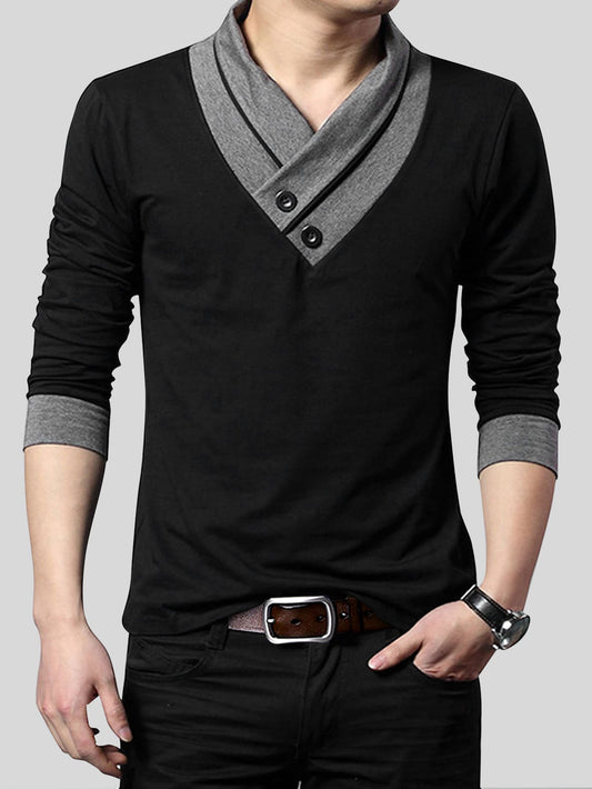 Men'S Contrast Color V-Neck Long Sleeve Button Decor Casual T-Shirt, for Fall