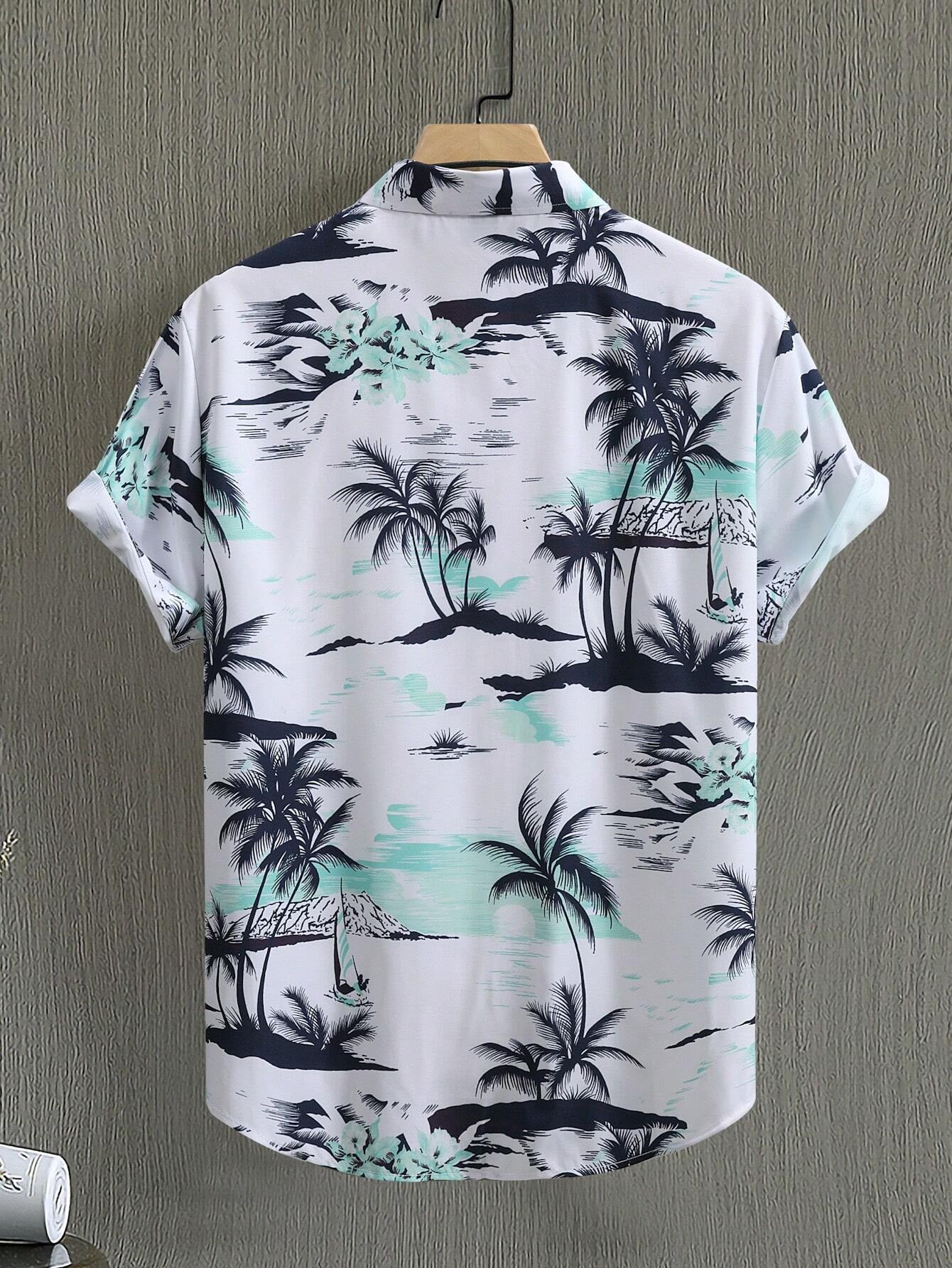 Manfinity RSRT Men Summer Holiday Style Casual Short Sleeve Shirt Palm Tree Print Baggy Button up Graphic Colorful Vacation Shirt