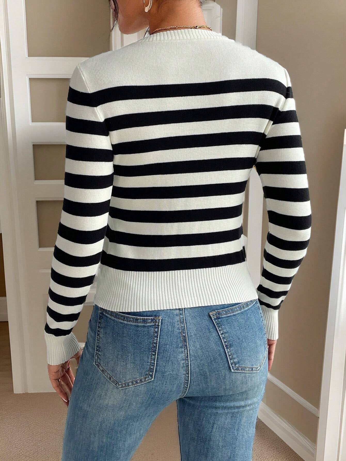 SHEIN Frenchy Striped Pattern Ribbed Knit Sweater,Long Sleeve Tops,Knitted Sweater in Fall/Winter