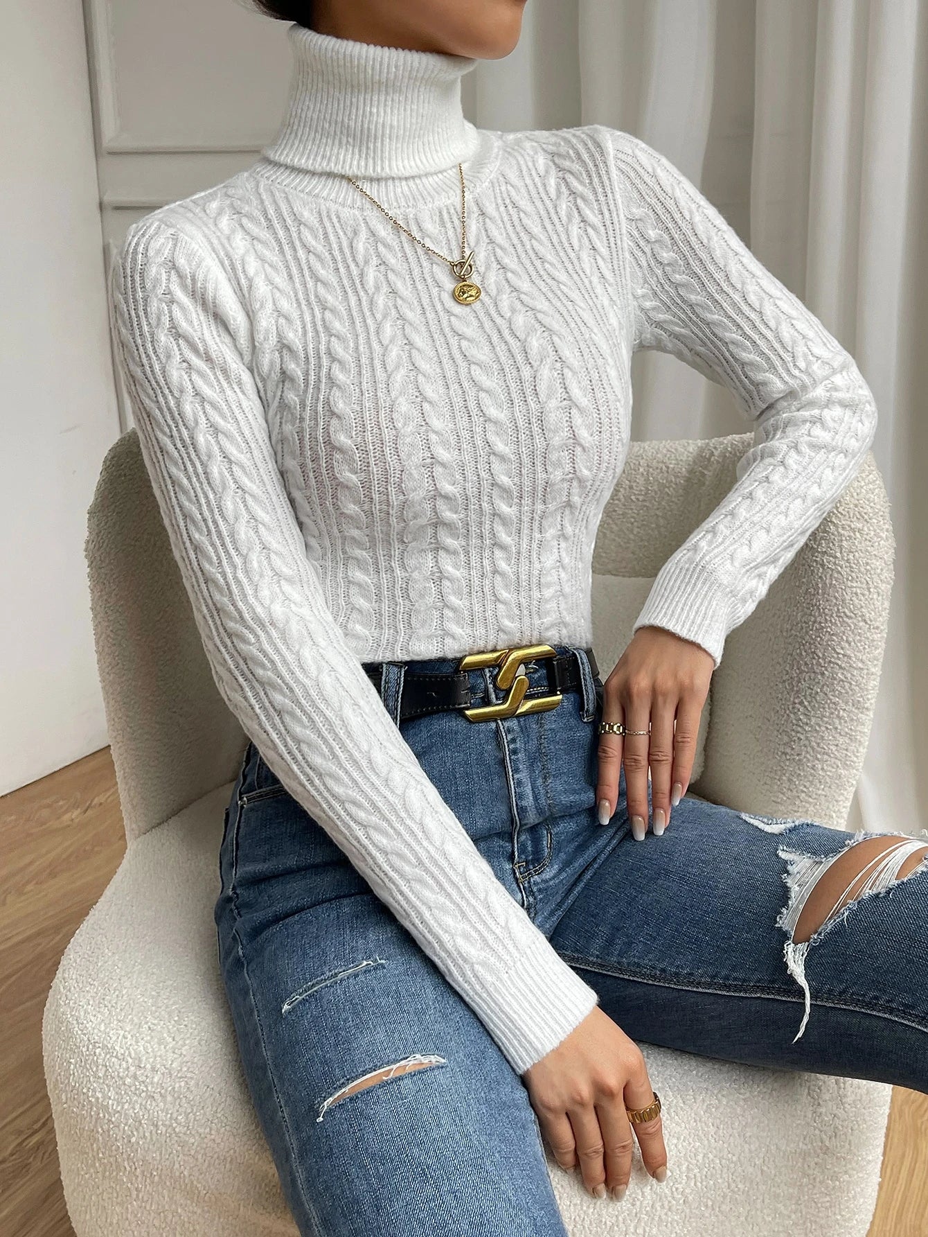 Chiquease Cable Knit Turtleneck Sweater,Long Sleeve Tops Knit Pullover Fall Winter Outfit