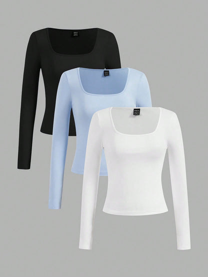 SHEIN Ezwear 3Pcs round Neck Short Sleeve Cropped Casual T-Shirts for Women, Summer Suitable for Going Out