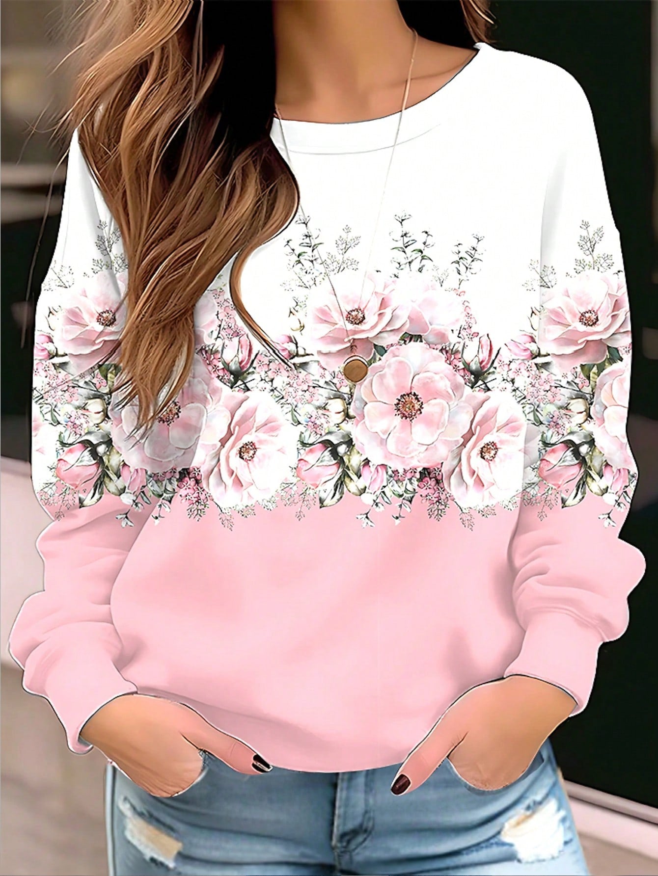 EMERY ROSE Floral Print Drop Shoulder Sweatshirt,Long Sleeve Tops Graduation,Back to School Outfits,Graduation,Teacher Outfits for Women,Back to School Pullover Fall Outfit