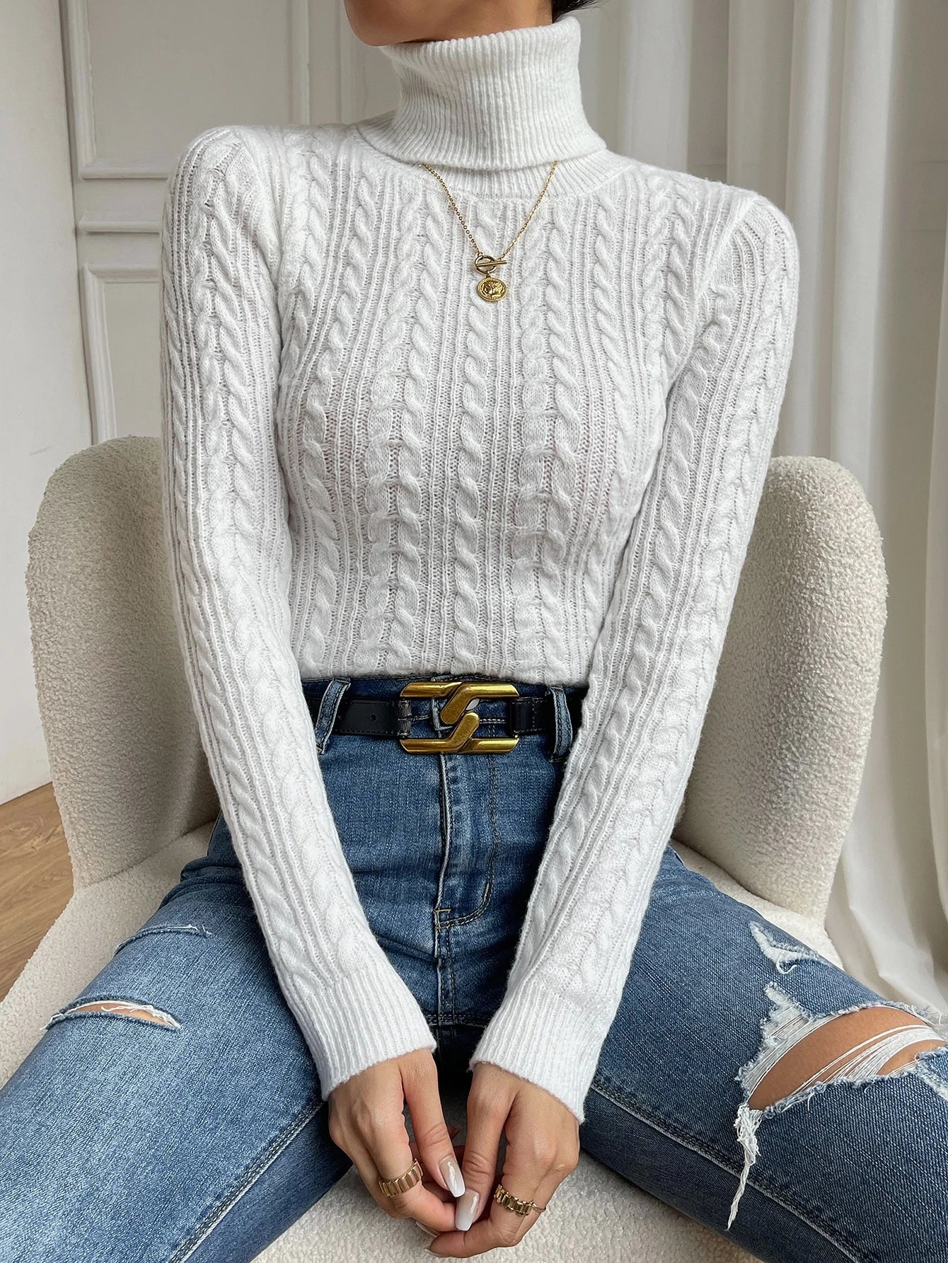Chiquease Cable Knit Turtleneck Sweater,Long Sleeve Tops Knit Pullover Fall Winter Outfit