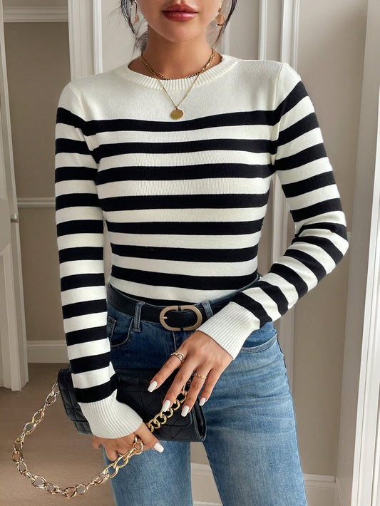 SHEIN Frenchy Striped Pattern Ribbed Knit Sweater,Long Sleeve Tops,Knitted Sweater in Fall/Winter