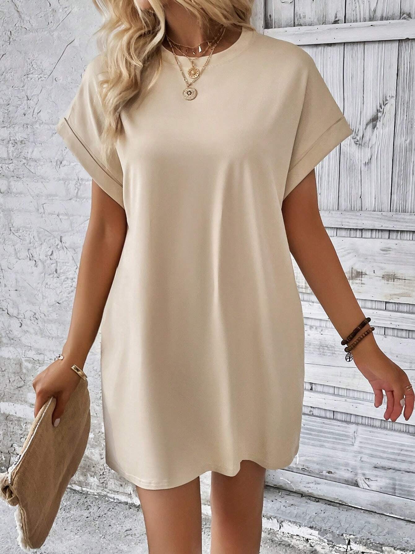 INAWLY Women'S Casual Solid Color round Neck Batwing Sleeve Dress, Summer