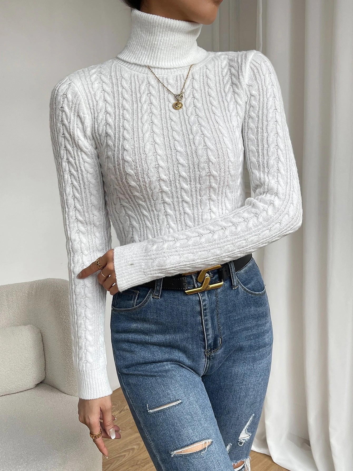 Chiquease Cable Knit Turtleneck Sweater,Long Sleeve Tops Knit Pullover Fall Winter Outfit