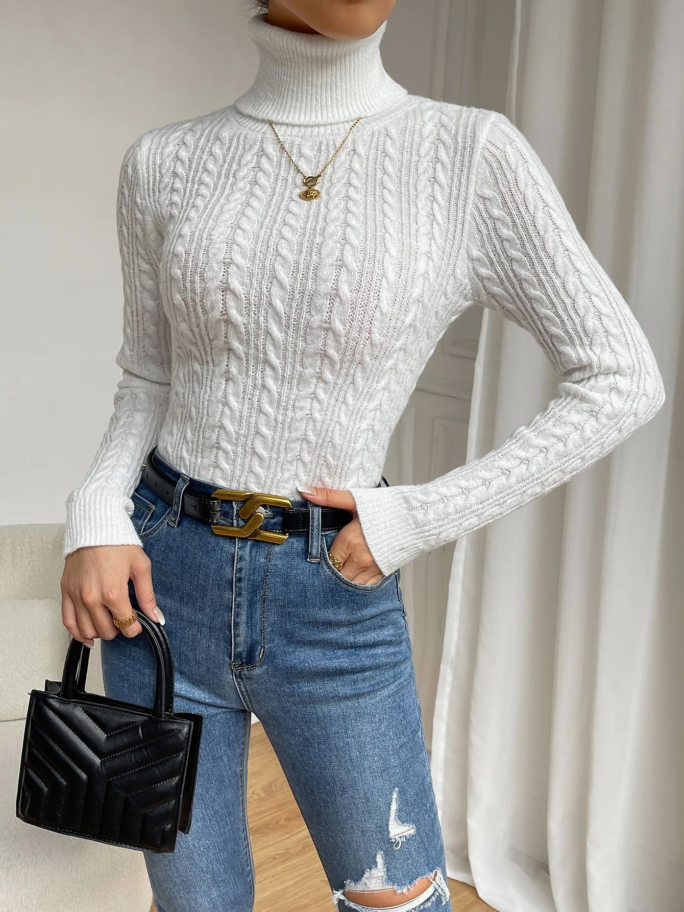 Chiquease Cable Knit Turtleneck Sweater,Long Sleeve Tops Knit Pullover Fall Winter Outfit