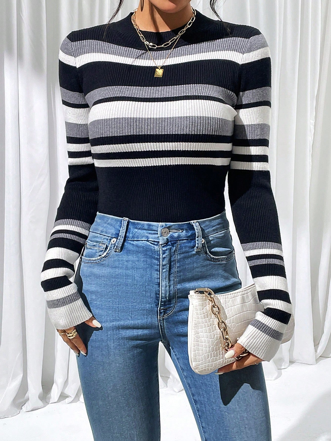 Chiquease Striped Pattern Sweater,Long Sleeve Tops Knit Pullover Fall Winter Outfit