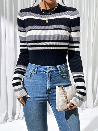 Chiquease Striped Pattern Sweater,Long Sleeve Tops Knit Pullover Fall Winter Outfit