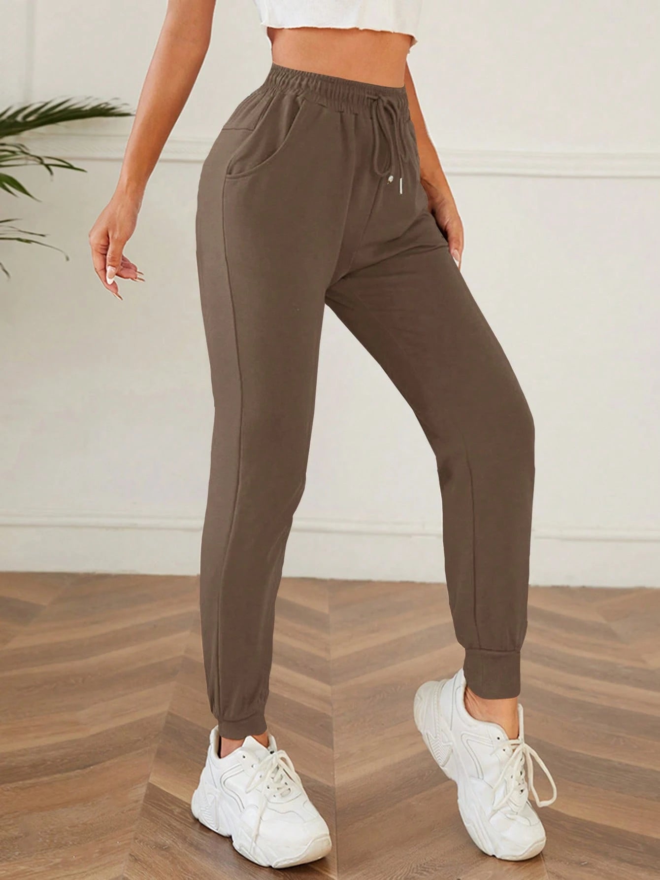 PETITE Solid Drawstring Waist Slant Pocket Sweatpants