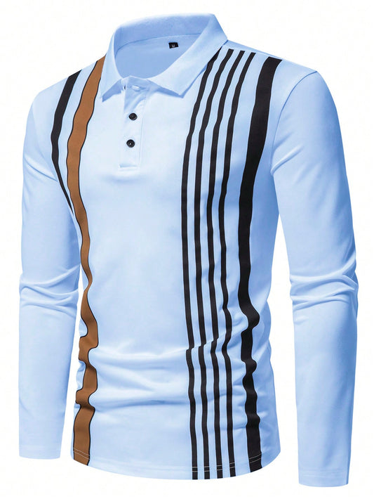 Manfinity Homme Men Striped Print Polo Shirt, Polo Shirts for Men Long Sleeve, Golf Shirt for Men, Rugby Long Sleeve for Men