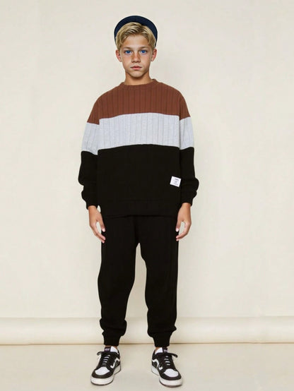SHEIN Tween Boy Colorblock Letter Patched Detail Sweatshirt & Sweatpants