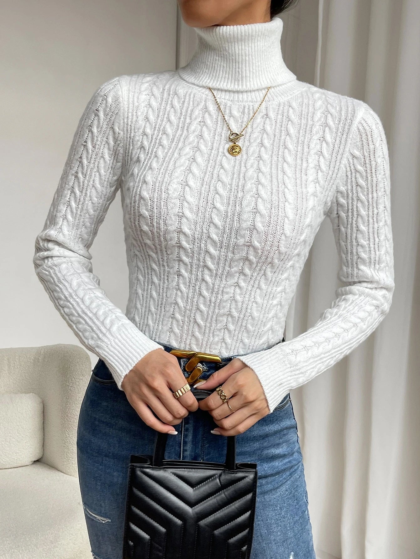 Chiquease Cable Knit Turtleneck Sweater,Long Sleeve Tops Knit Pullover Fall Winter Outfit