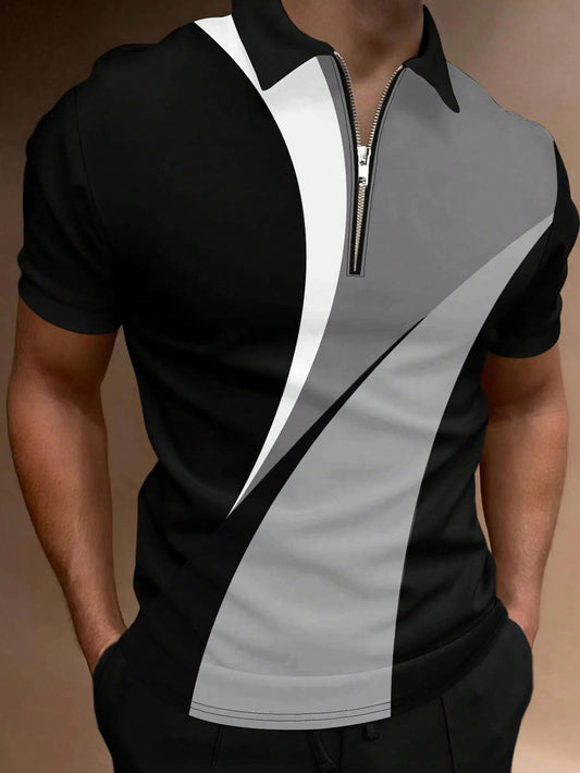 Manfinity Homme Men Half Placket Zipper Color Block Short Sleeve Vintage Golf Collared Polo Shirt, for Daddy