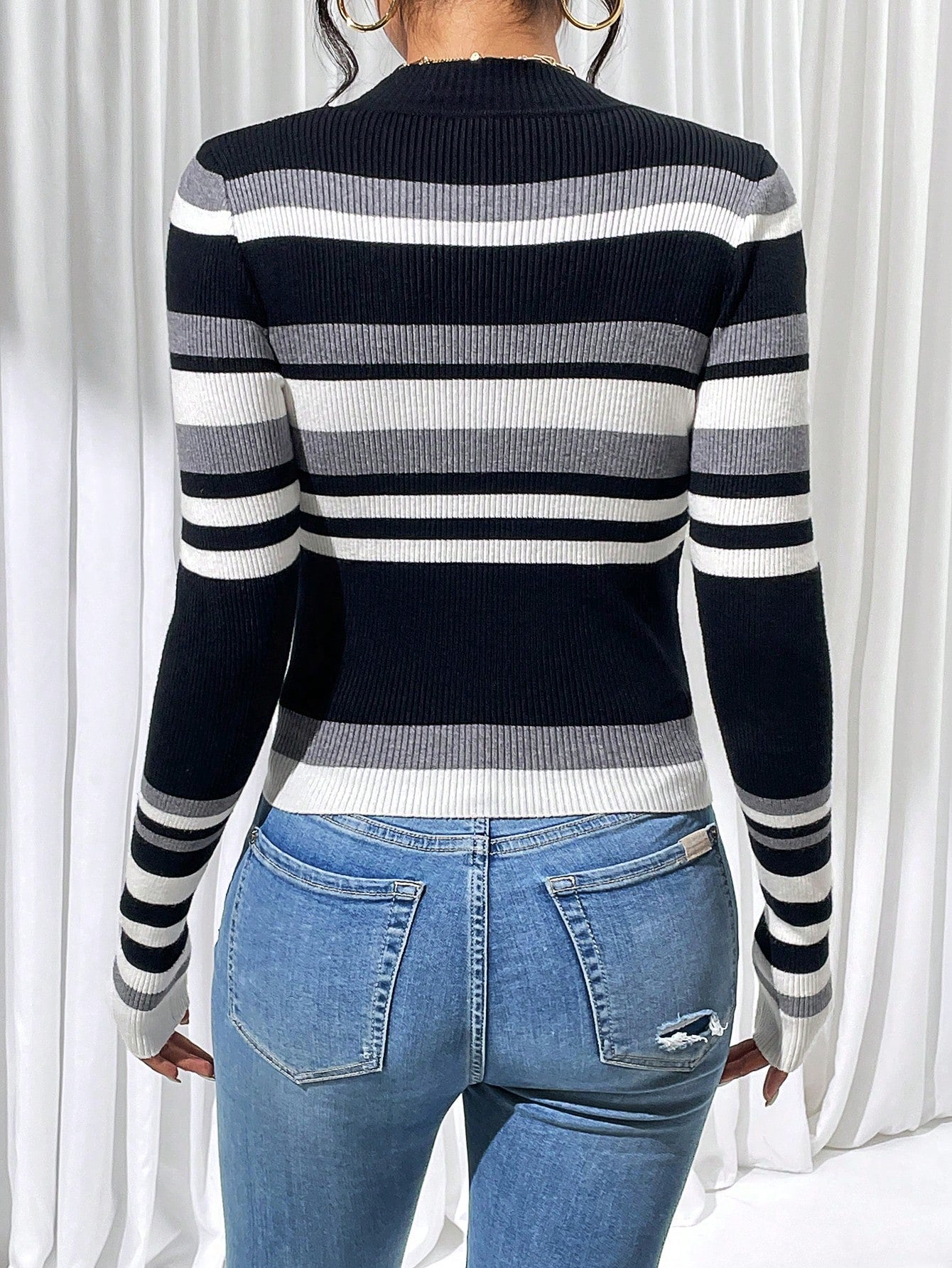 Chiquease Striped Pattern Sweater,Long Sleeve Tops Knit Pullover Fall Winter Outfit
