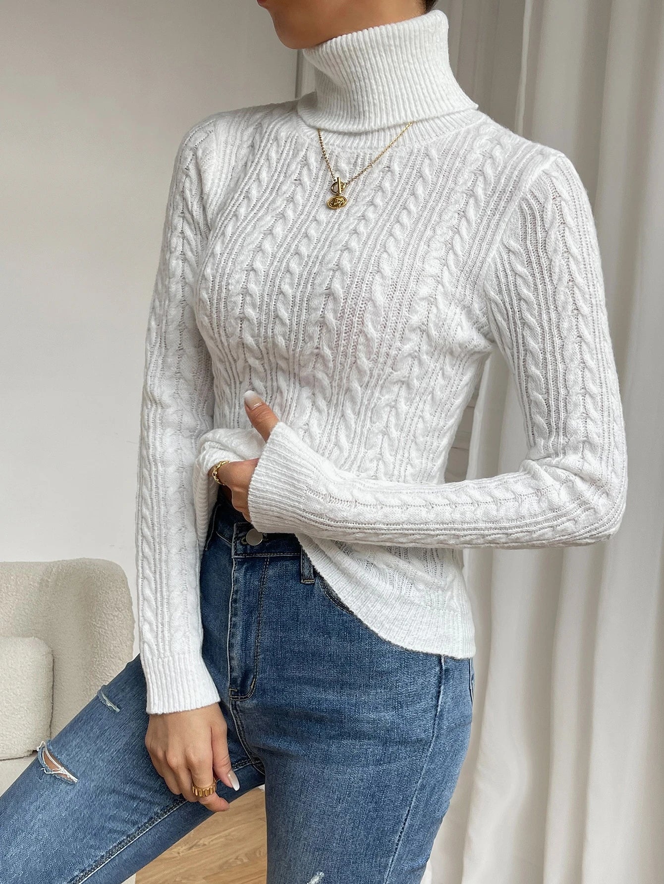 Chiquease Cable Knit Turtleneck Sweater,Long Sleeve Tops Knit Pullover Fall Winter Outfit