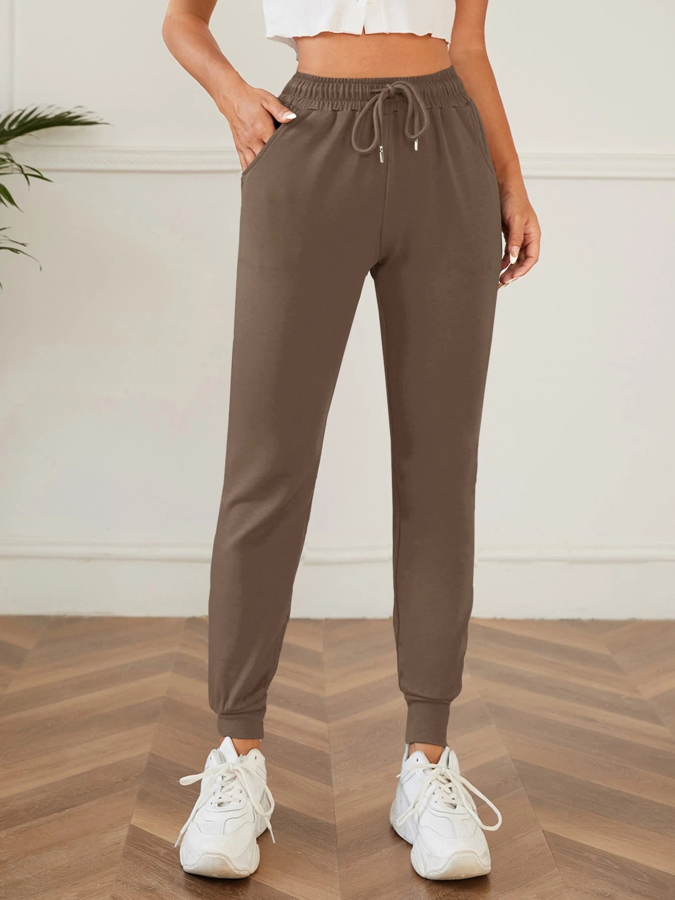 PETITE Solid Drawstring Waist Slant Pocket Sweatpants