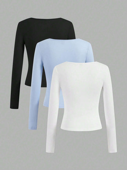 SHEIN Ezwear 3Pcs round Neck Short Sleeve Cropped Casual T-Shirts for Women, Summer Suitable for Going Out