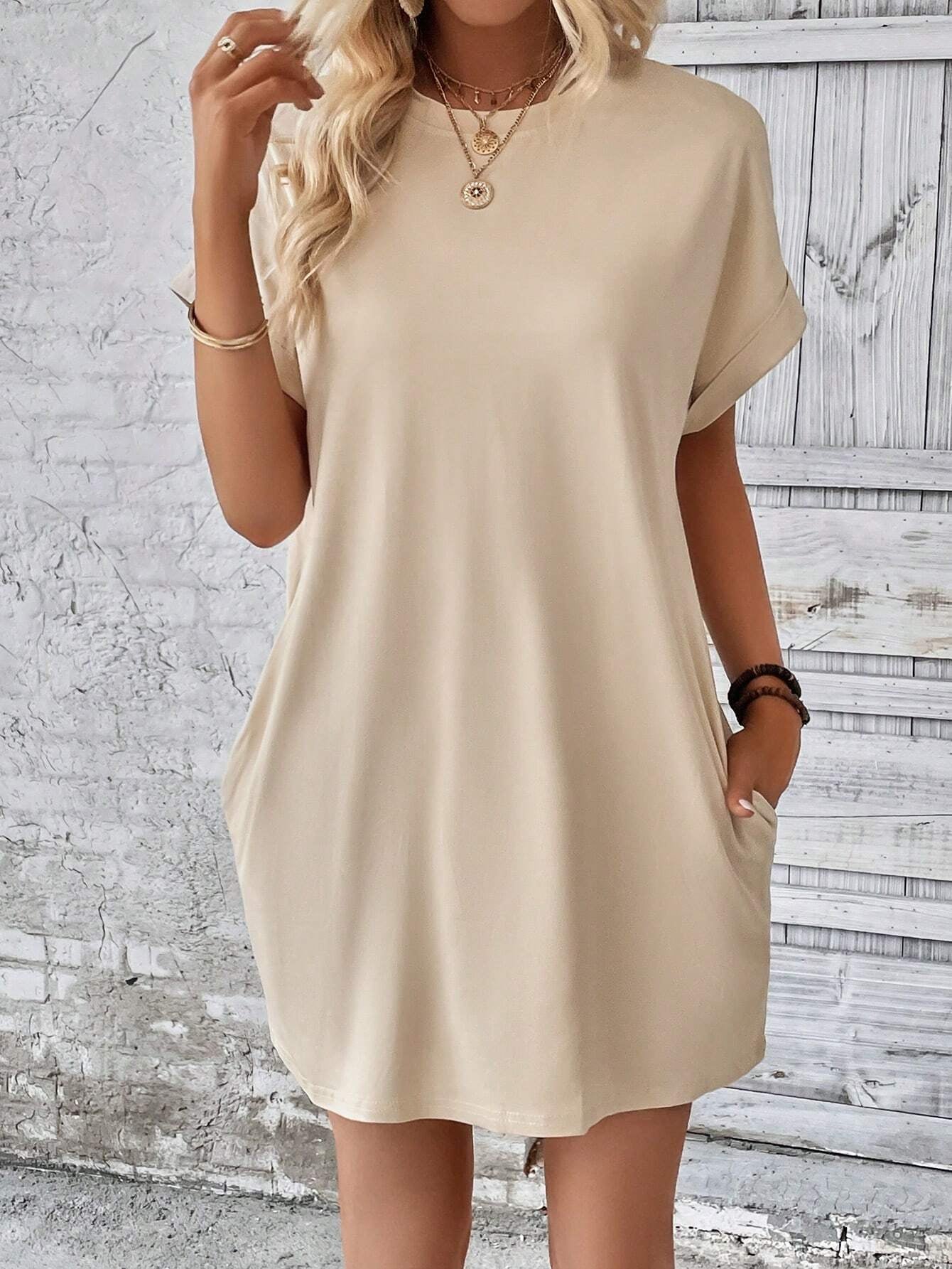 INAWLY Women'S Casual Solid Color round Neck Batwing Sleeve Dress, Summer
