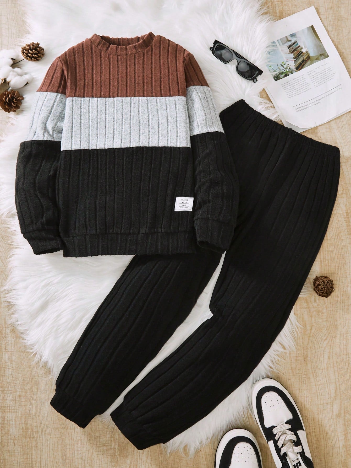 SHEIN Tween Boy Colorblock Letter Patched Detail Sweatshirt & Sweatpants