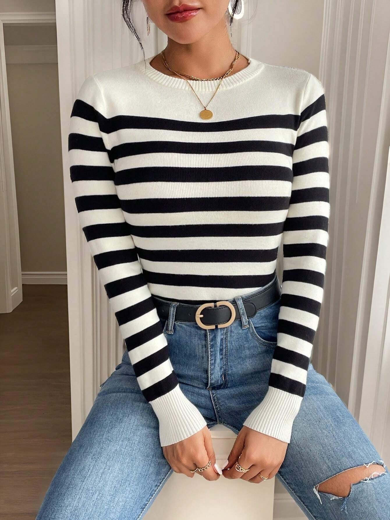 SHEIN Frenchy Striped Pattern Ribbed Knit Sweater,Long Sleeve Tops,Knitted Sweater in Fall/Winter