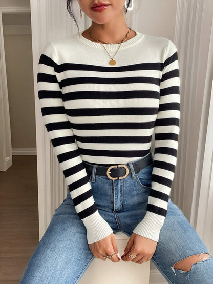 SHEIN Frenchy Striped Pattern Ribbed Knit Sweater,Long Sleeve Tops,Knitted Sweater in Fall/Winter