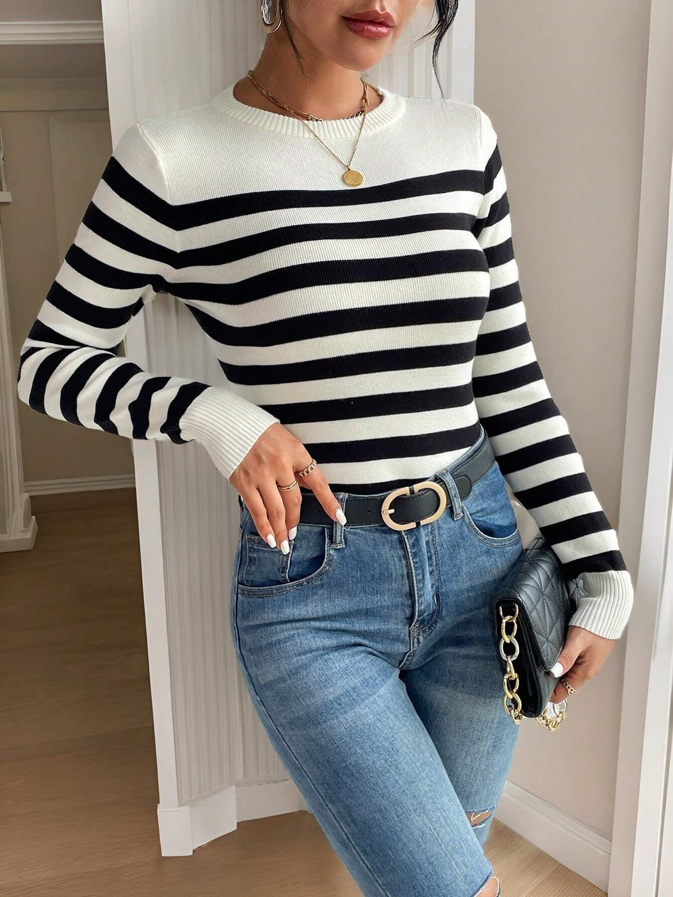 SHEIN Frenchy Striped Pattern Ribbed Knit Sweater,Long Sleeve Tops,Knitted Sweater in Fall/Winter