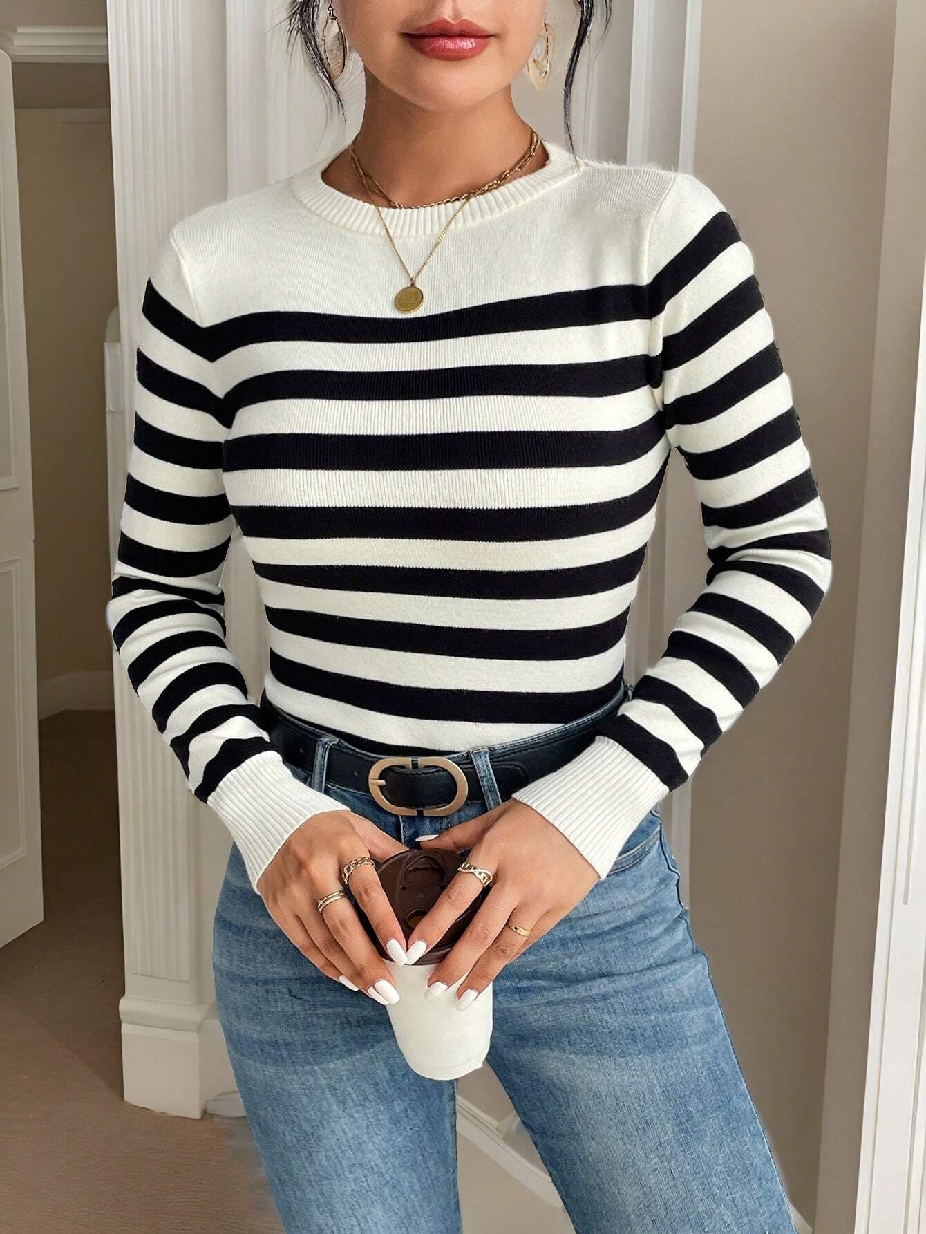 SHEIN Frenchy Striped Pattern Ribbed Knit Sweater,Long Sleeve Tops,Knitted Sweater in Fall/Winter